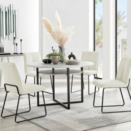 Furniturebox Uk Adley Grey Concrete Effect Storage Dining Table & 4 Cream Halle Chairs - thumbnail 1