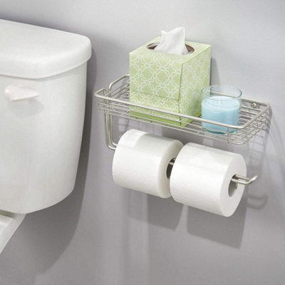 Wall-Mounted Double Toilet Roll Holder With Storage Shelf, Matte Steel Finish - image 1