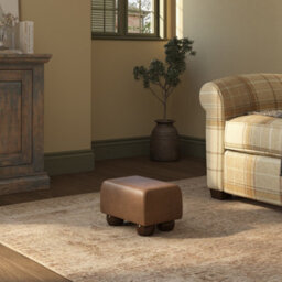 Tan Beige Mahogany Wood Bun Feet Italian Leather Small Footstool  Handmade Uk By Footstools Direct