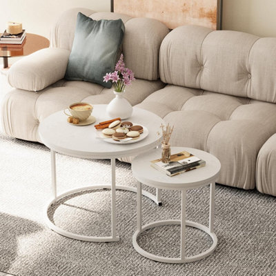 Huhote Stylish Nesting Coffee Tables 2 Set With Metal Frame White Top 23.6/15.7 In For Living Room Bedroom Office Side End Table - image 1