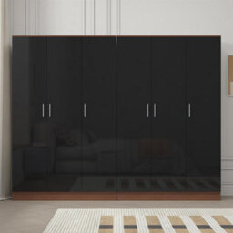 Reflect 2Pc Wardrobe Bundle - 3 Door Plain + 3 Door Plain - Black Gloss & Walnut - H: 180Cm X W: 224Cm X D: 47Cm - thumbnail 3