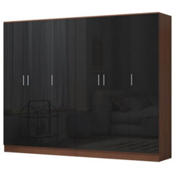 Reflect 2Pc Wardrobe Bundle - 3 Door Plain + 3 Door Plain - Black Gloss & Walnut - H: 180Cm X W: 224Cm X D: 47Cm - thumbnail 5