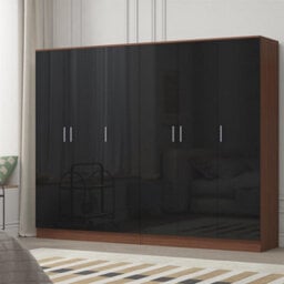 Reflect 2Pc Wardrobe Bundle - 3 Door Plain + 3 Door Plain - Black Gloss & Walnut - H: 180Cm X W: 224Cm X D: 47Cm