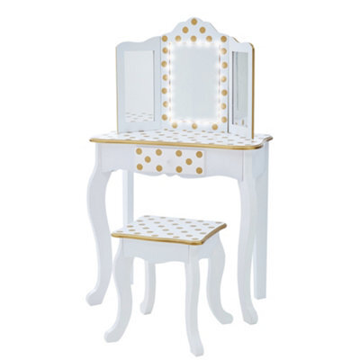Teamson Kids Dressing Table, Play Vanity Set With Led Mirror Light & Stool - White/gold/polka Dots - image 1