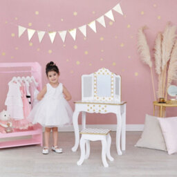 Teamson Kids Dressing Table, Play Vanity Set With Led Mirror Light & Stool - White/gold/polka Dots - thumbnail 2