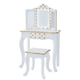 Teamson Kids Dressing Table, Play Vanity Set With Led Mirror Light & Stool - White/gold/polka Dots