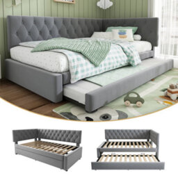 Btm 3Ft Single Daybed 90X190Cm, Pull Out Trundle Bed For Adults   Kids, Ottoman Bed With Slatted Frame, Velvet, Grey