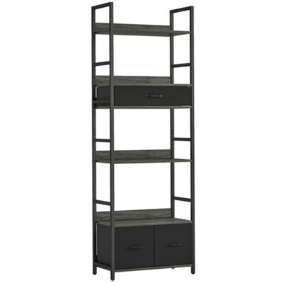 Wyld Haus Laro Metal And Wood Industrial Bookcase 60W X 30D X 176H Cm, 4 Shelves With 3 Fabric Drawers, Grey And Black - image 1