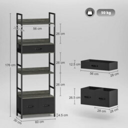 Wyld Haus Laro Metal And Wood Industrial Bookcase 60W X 30D X 176H Cm, 4 Shelves With 3 Fabric Drawers, Grey And Black - thumbnail 3