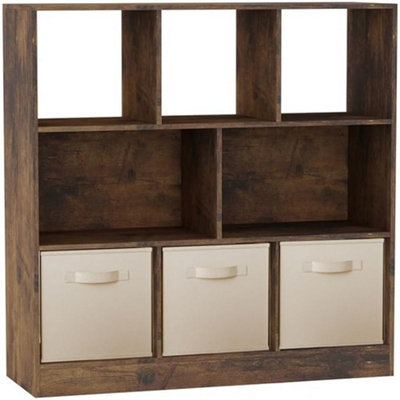 Urbn-Living Urbnliving Asymmetrical 8-Cube Rustic Brown Bookcase Storage Unit With 3 Fabric Drawer Inserts - Cream - image 1