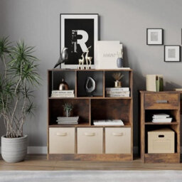 Urbn-Living Urbnliving Asymmetrical 8-Cube Rustic Brown Bookcase Storage Unit With 3 Fabric Drawer Inserts - Cream - thumbnail 2