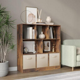 Urbn-Living Urbnliving Asymmetrical 8-Cube Rustic Brown Bookcase Storage Unit With 3 Fabric Drawer Inserts - Cream - thumbnail 4