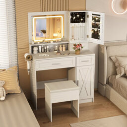 Costway Makeup Vanity Desk Farmhouse Dressing Table & Stool Set W/ Drawers - thumbnail 7