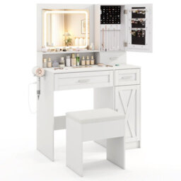 Costway Makeup Vanity Desk Farmhouse Dressing Table & Stool Set W/ Drawers - thumbnail 4