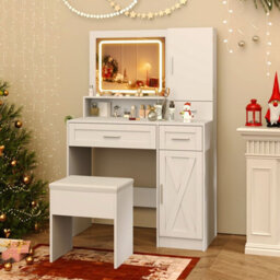 Costway Makeup Vanity Desk Farmhouse Dressing Table & Stool Set W/ Drawers - thumbnail 6