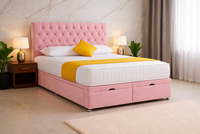 Comfy Deluxe 2Ft6 Small Single Pink Plush Cf Chesterfield Ottoman Lift Open Storage Bed Set Headboard With Mattress