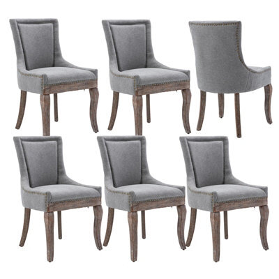 HomeTouch Set Of 6 Luxe Upholstered Dining Chairs, Plush Comfort Kitchen Chairs With Vintage Nailhead Trim & Premium Oak Wood Legs Grey - image 1