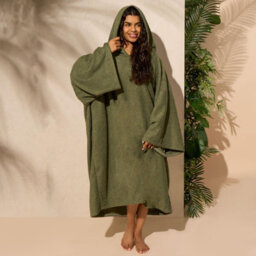 Ohs Adult Poncho Oversized Hooded Towel Bath Robe, Khaki - One Size - thumbnail 4