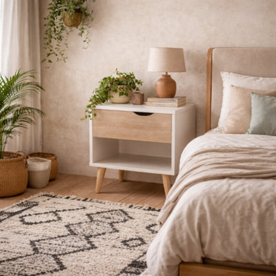 Wyld Haus Skerries 1-Drawer Bedside Table - Matt White With Natural Oak Drawer - image 1