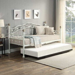 OAT Home Mayfair White & Brass Single French Metal Day Bed Frame & Guest Trundle