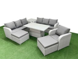 Fimous 9 Seater Poly Rattan Outdoor Garden Furniture Adjustable Lifting Dining Or Coffee Table Sofa Set 2 Footstools Side Table - thumbnail 2