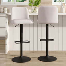 Living And Home Set Of 2 Beige Linen Upholstered Swivel Counter Bar Stools With Mid Backrest