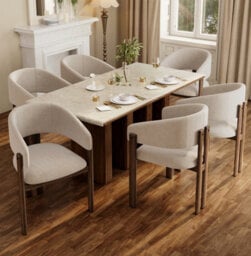 Linen Dining Chairs With Metal Legs, Walnut Wood Colour, Set Of 6 - thumbnail 1