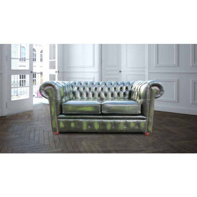 Chesterfield 2 Seater Antique Green Real Leather Sofa Settee In Classic Style - image 1