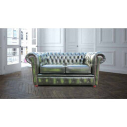 Chesterfield 2 Seater Antique Green Real Leather Sofa Settee In Classic Style - thumbnail 1