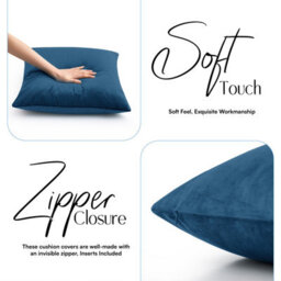 Ameha Navy Blue Plain Velvet Cushion Covers, 18X18 Inch, Pack Of 2, Breathable & Hypoallergenic With Hidden Zip Closure - thumbnail 3