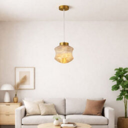Lighting Collection Vintage Carved Amber Ripple Glass Pendant Light With Brass Accents - thumbnail 1