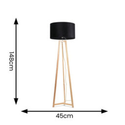 Valuelights Lottie Natural Wood Tripod Floor Lamp With Black Velvet Drum Shade - Led Bulb Included - thumbnail 4
