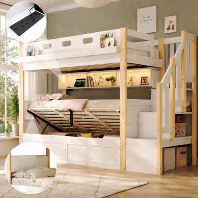 Matteo Solid Wood Children's Bunk Bed With Storage Stairs, Led Light & Hydraulic Bed - White/natural - image 1