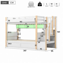 Matteo Solid Wood Children's Bunk Bed With Storage Stairs, Led Light & Hydraulic Bed - White/natural - thumbnail 6