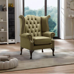 Chesterfield High Back Wing Chair Shelly Sage Leather Bespoke In Queen Anne Style - thumbnail 2