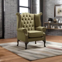 Chesterfield High Back Wing Chair Shelly Sage Leather Bespoke In Queen Anne Style - thumbnail 3