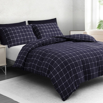 Lazzaro Navy Checkered Super King Duvet Cover Set Ultrasoft Premium Microfiber Reversible With Zipper Closure - image 1