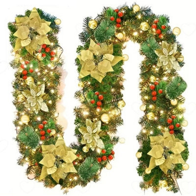 Amorly 2.7M Lighted Christmas Rattan Garland, Pre Lit Artificial Vine With Gold Flower Ornaments, Battery Powered Led For Home Stair Wall - image 1