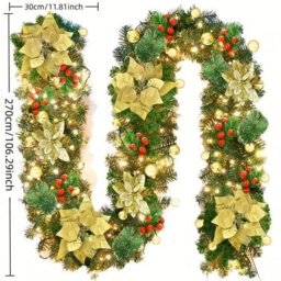Amorly 2.7M Lighted Christmas Rattan Garland, Pre Lit Artificial Vine With Gold Flower Ornaments, Battery Powered Led For Home Stair Wall - thumbnail 9