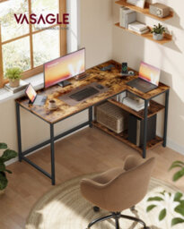 Vasagle L Shaped Corner Desk, Computer Gaming Desk With Storage, Reversible Height-Adjustable Shelves