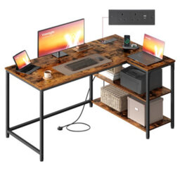 LEDREM L Shaped Corner Desk, Computer Gaming Desk With Storage, Reversible Height-Adjustable Shelves, For Home Office, Rustic Brown - thumbnail 2