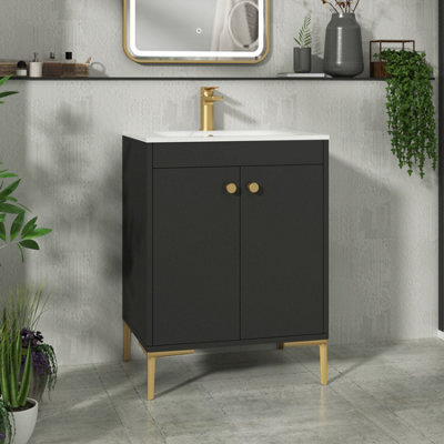 Royal Bathrooms Verona 600mm Matt Black Floor Standing Vanity Unit 2 Door With Carrara White Basin & Brushed Brass Knob - image 1