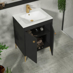 Royal Bathrooms Verona 600mm Matt Black Floor Standing Vanity Unit 2 Door With Carrara White Basin & Brushed Brass Knob - thumbnail 5