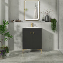 Royal Bathrooms Verona 600mm Matt Black Floor Standing Vanity Unit 2 Door With Carrara White Basin & Brushed Brass Knob - thumbnail 4