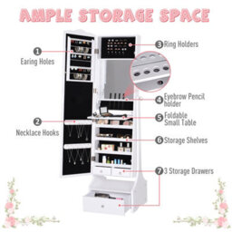 Homcom Mirrored Jewelry Cabinet Armoire Floor Standing W/ Lock, Led Light White - thumbnail 6