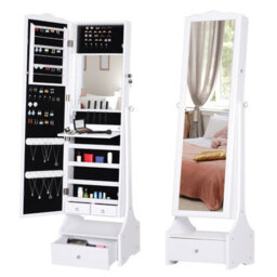 Homcom Mirrored Jewelry Cabinet Armoire Floor Standing W/ Lock, Led Light White - thumbnail 2