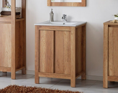 Impact Furniture Freestanding Bathroom Vanity Unit 600mm Sink Cabinet With Basin Oak Effect Storage Classic - image 1