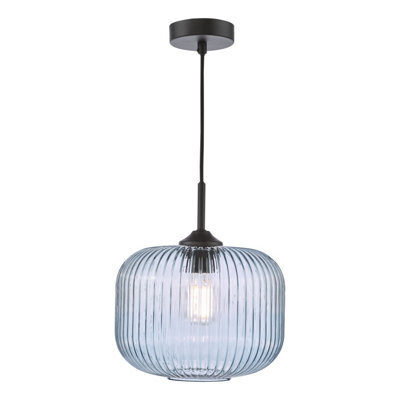 Demarius Pendant Matt Black And Blue Ribbed Glass - image 1