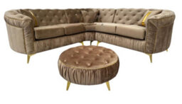Stratus Interiors Ambassador Panel Plush Velvet Luxury Chesterfield Fabric Living Room Sofa - L Shape Corner - Brown - Gold Metal Trim