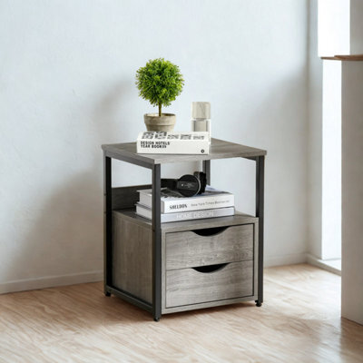 Industrial Bedside Table Nightstand With 2 Drawers And Shelf Greige - image 1